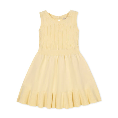 second back view of Yellow organic cotton knit sweater dress for girls with a flounce hem by Hope and Henry.