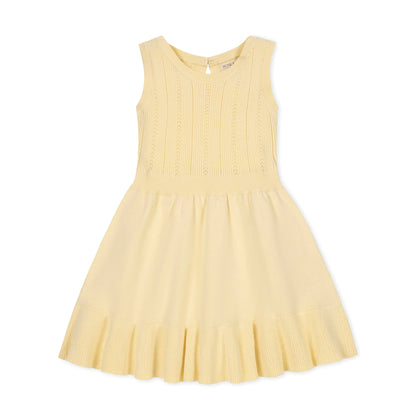 Yellow organic cotton knit sweater dress for girls with a flounce hem by Hope and Henry.