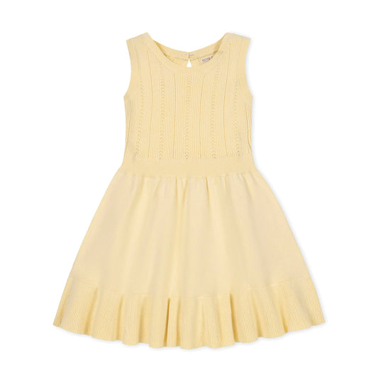 Yellow organic cotton knit sweater dress for girls with a flounce hem by Hope and Henry.