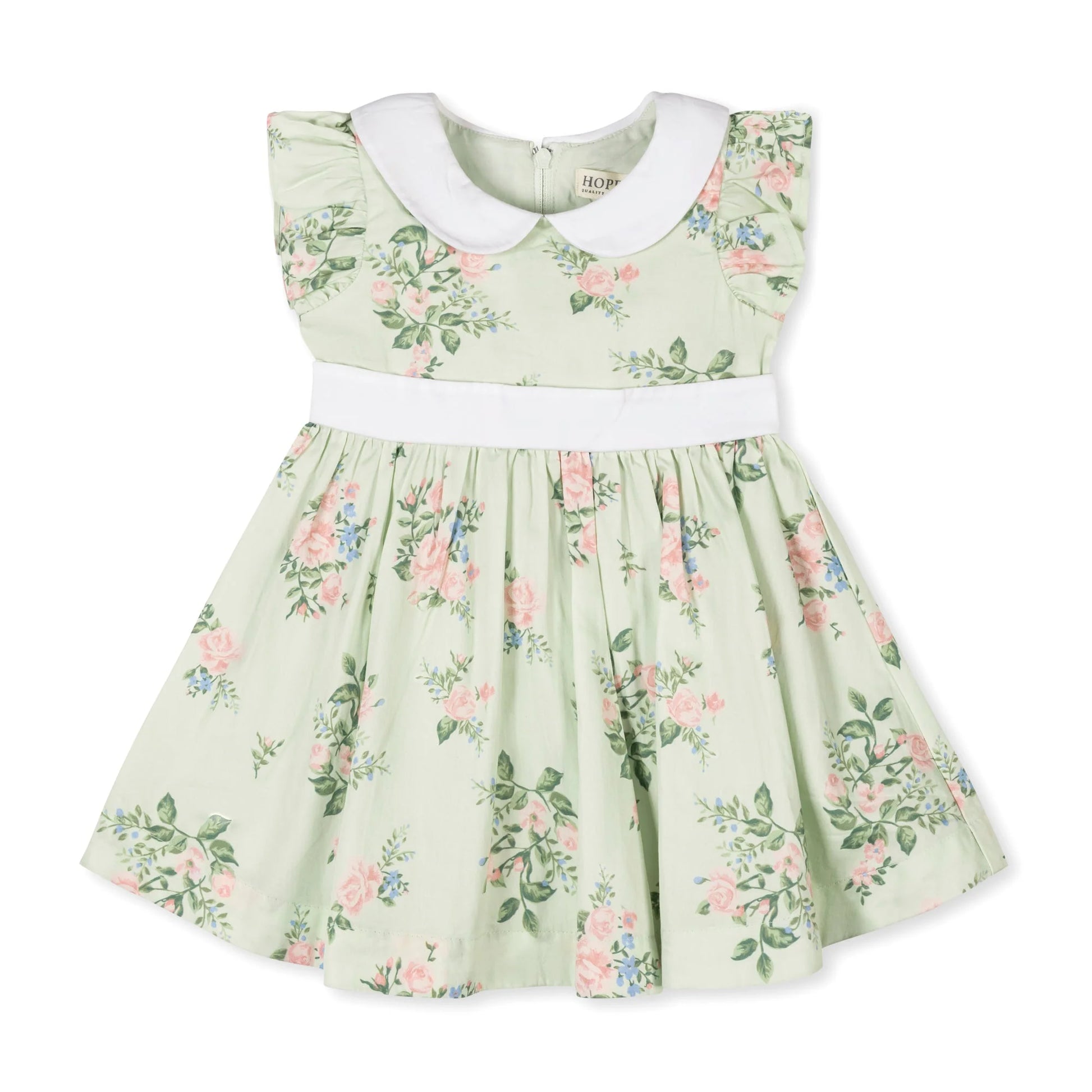 Little girls green floral organic cotton sateen party dress with a white Peter Pan collar by Hope and Henry.