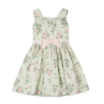 Hope and Henry girls green floral dress in 100% organic cotton sateen with pearlized button back, back view