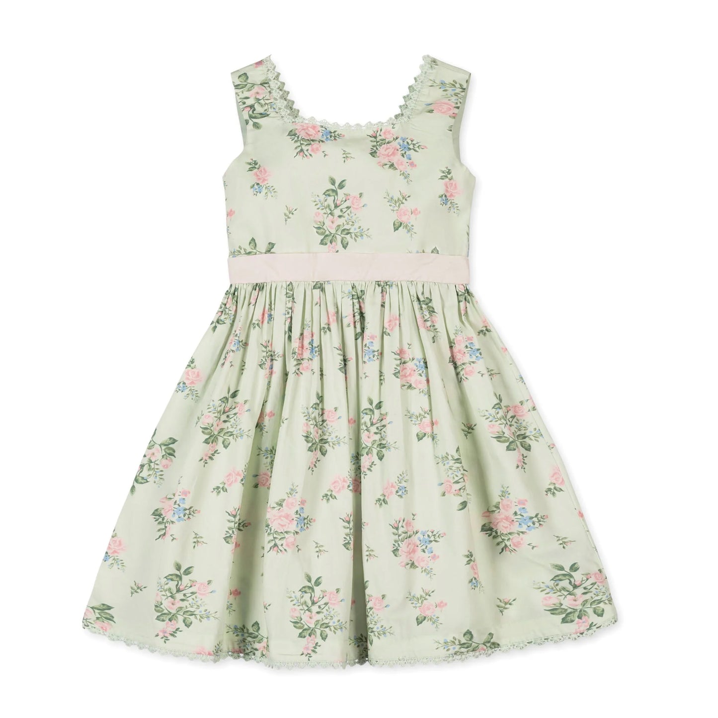 Hope and Henry girls green floral dress in 100% organic cotton sateen with pearlized button back