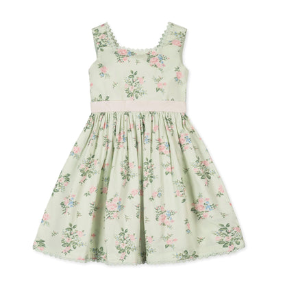 Hope and Henry girls green floral dress in 100% organic cotton sateen with pearlized button back