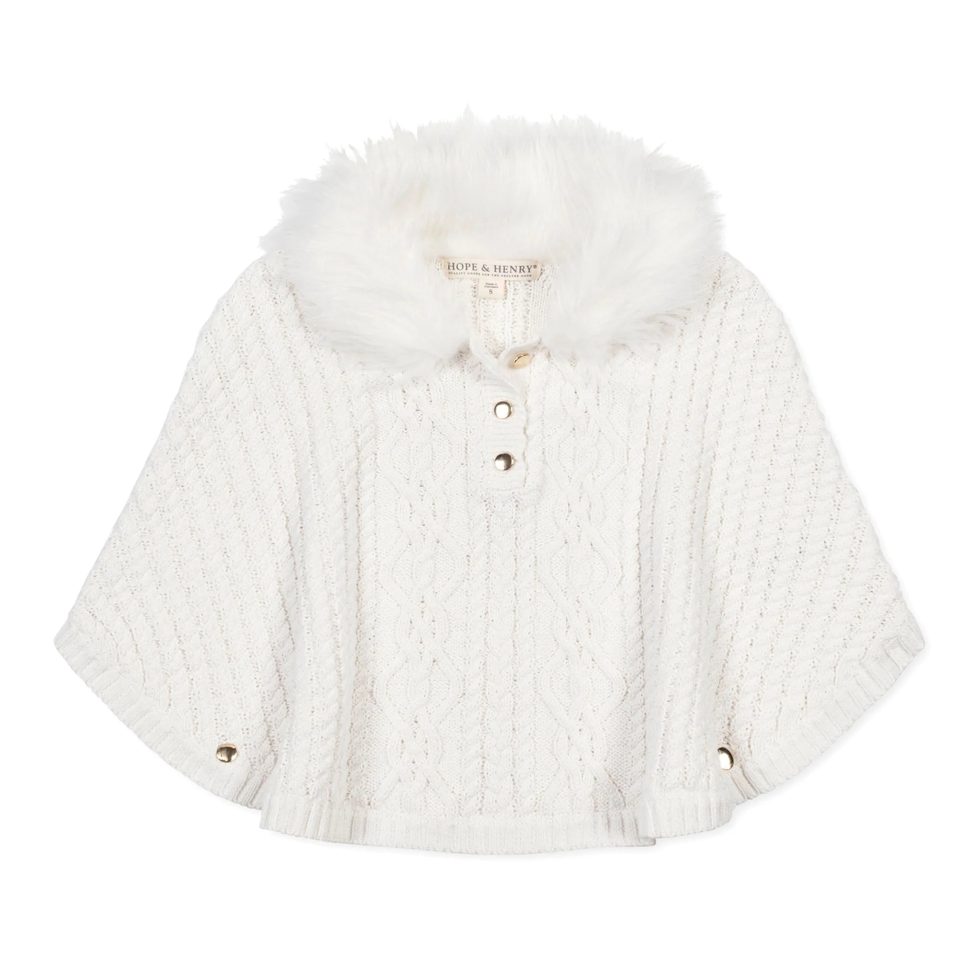Hope & Henry organic white cable sweater cape with faux fur collar