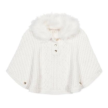 Hope & Henry organic white cable sweater cape with faux fur collar