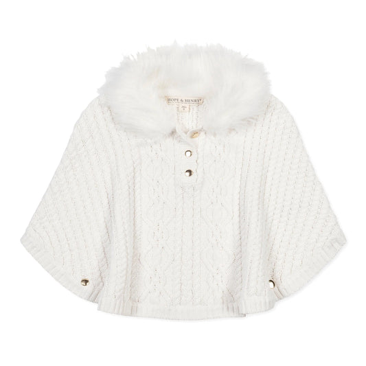 Hope & Henry organic white cable sweater cape with faux fur collar