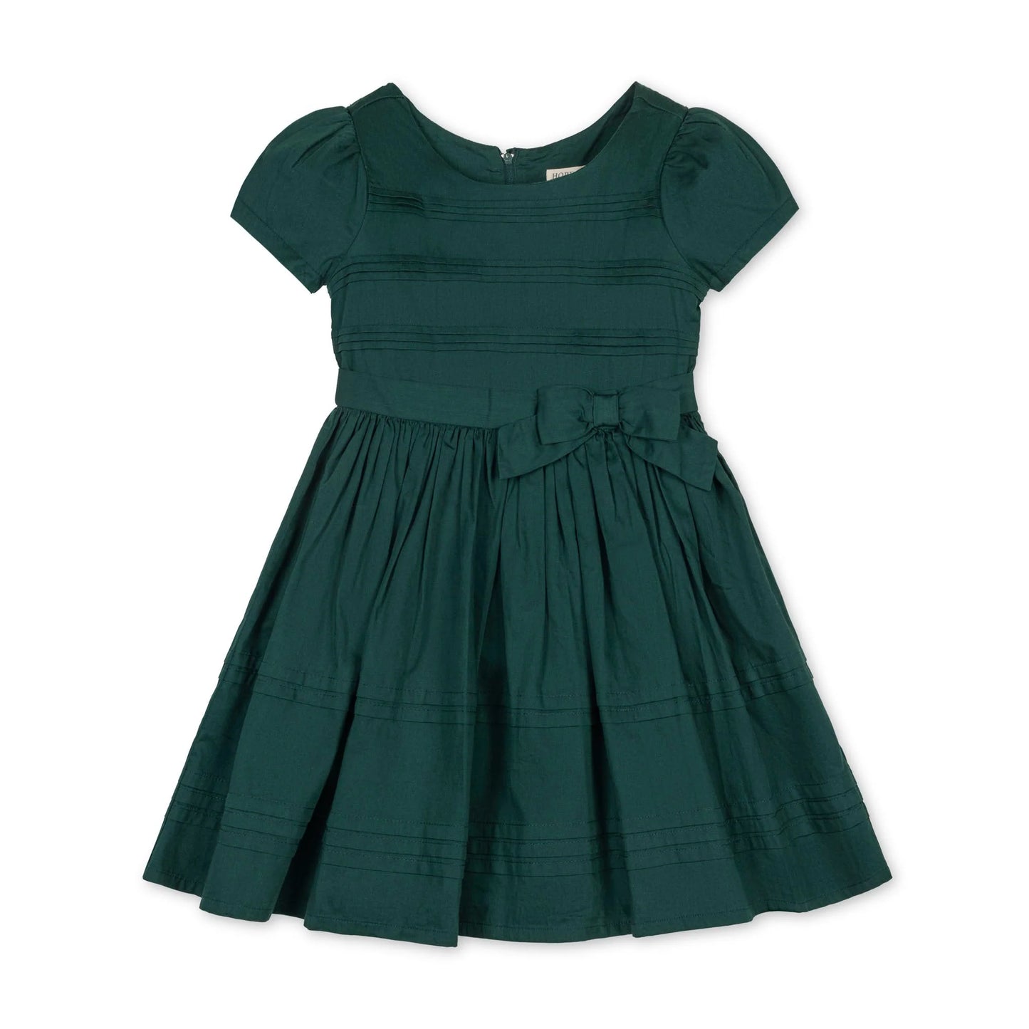 Hope & Henry organic pleated sateen party dress in deep green
