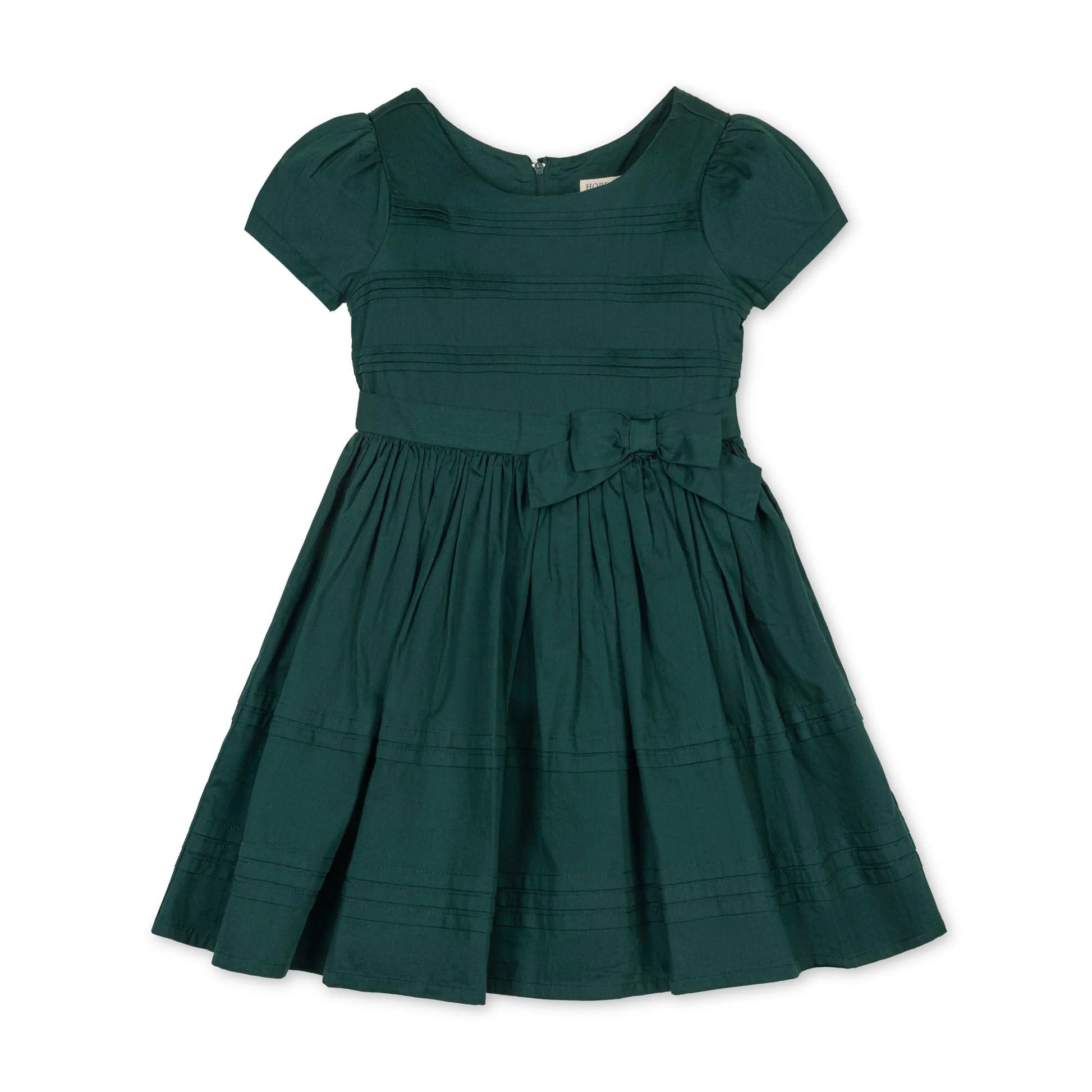 Hope & Henry organic pleated sateen party dress in deep green