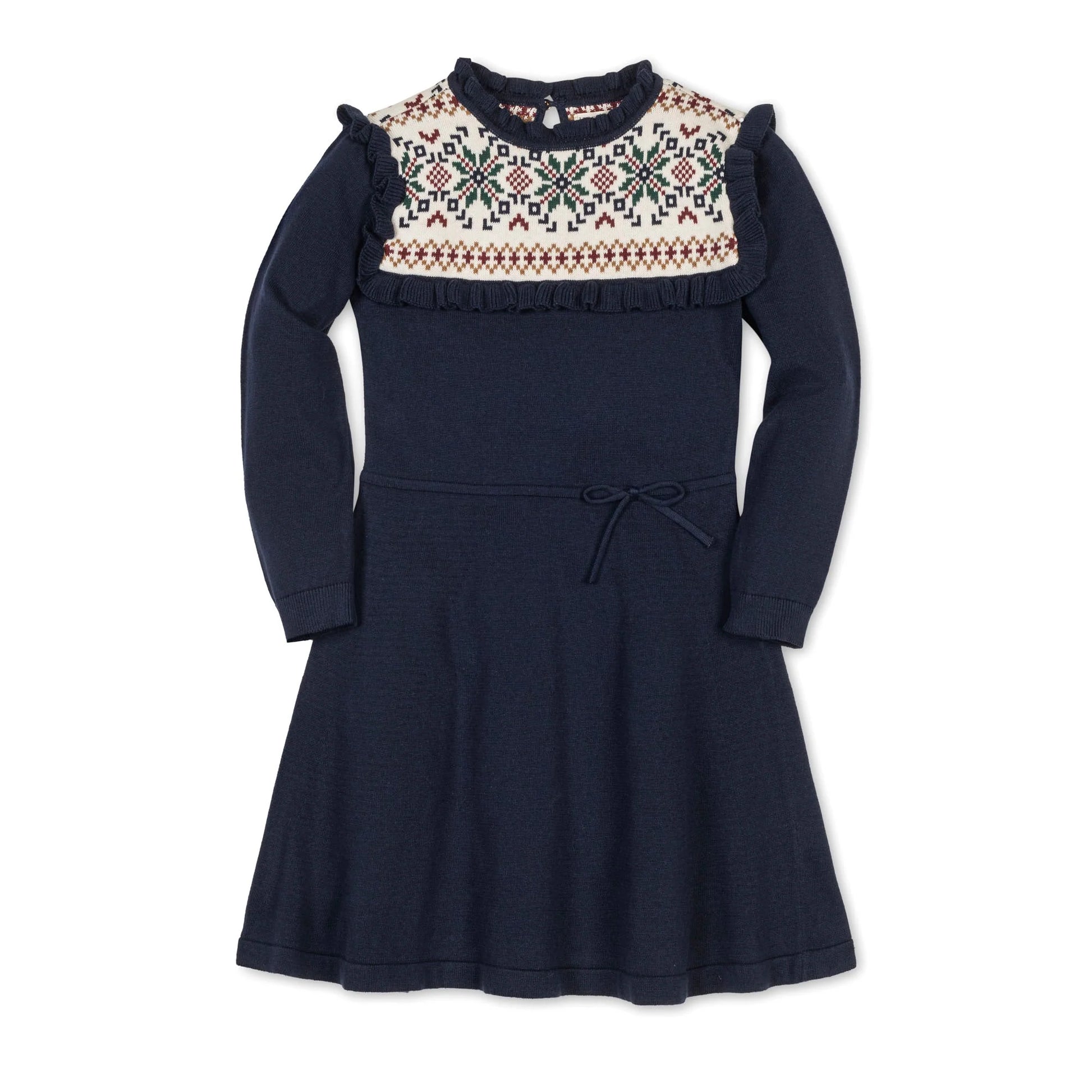 Hope & Henry organic ruffle collar sweater dress in Scottish snowflake pattern