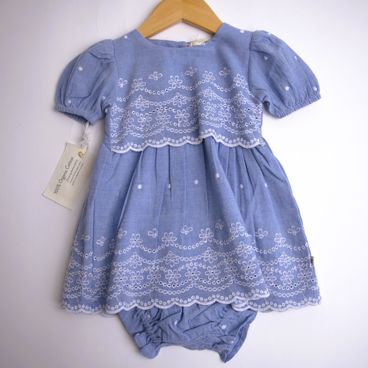 blue floral girl's viverano organics, blue chambray lace summer cap sleeve dress with eyelet detail