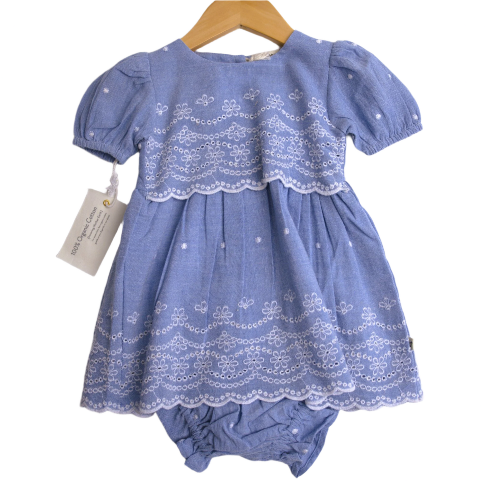 viverano organics, blue chambray lace summer cap sleeve dress with eyelet detail