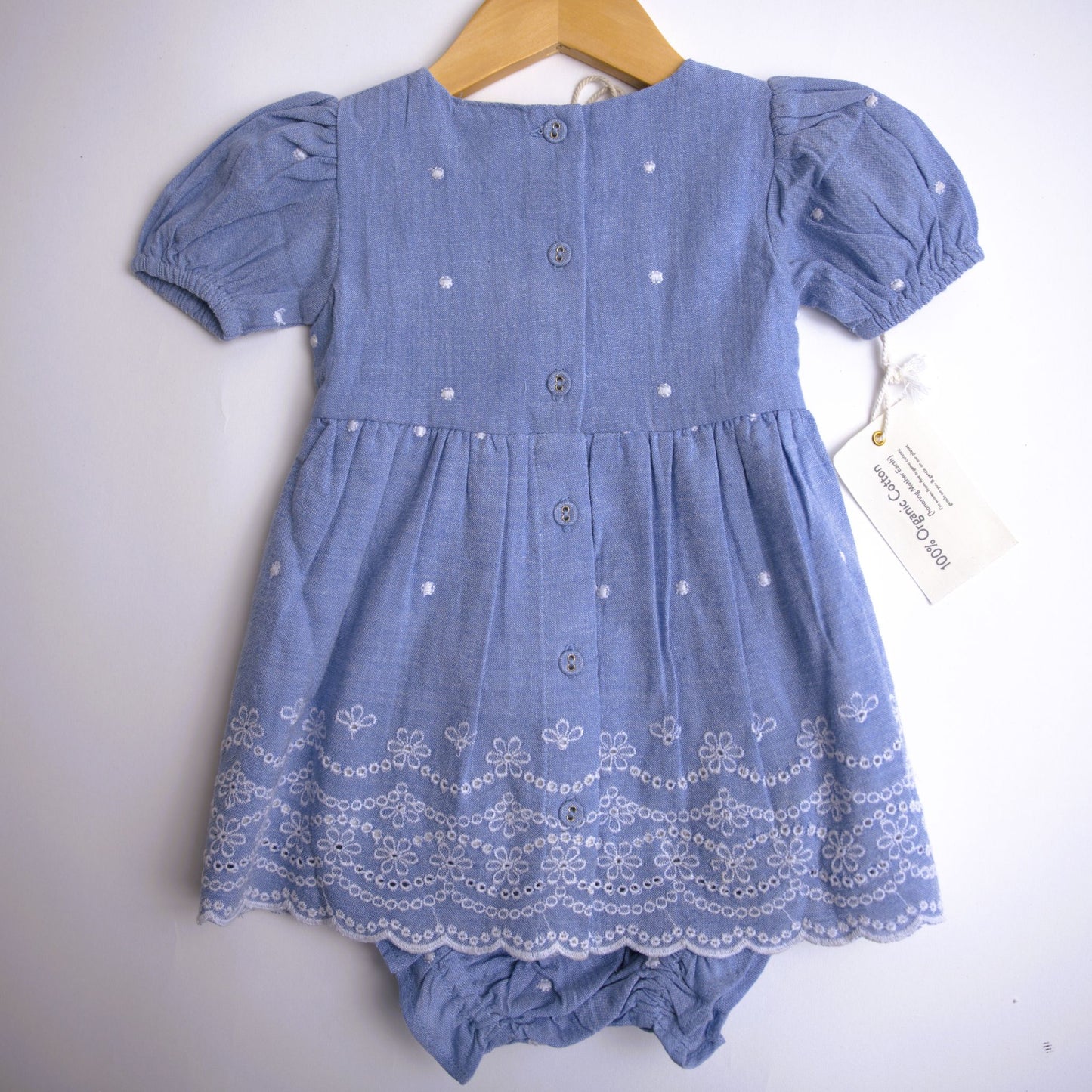 viverano organics, blue chambray lace summer cap sleeve dress with eyelet detail