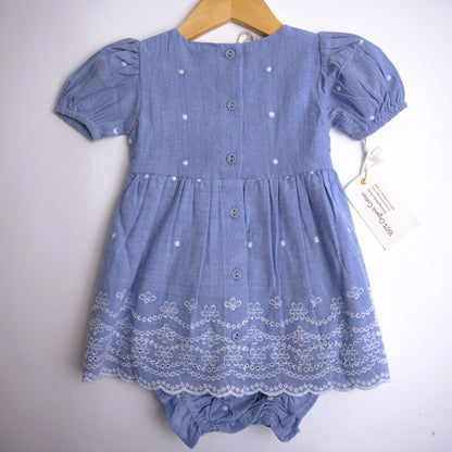 viverano organics, blue chambray lace summer cap sleeve dress with eyelet detail