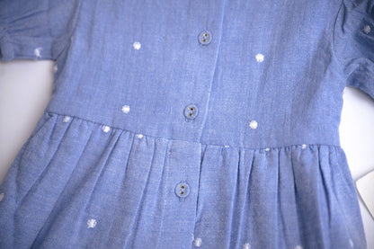 viverano organics, blue chambray lace summer cap sleeve dress with eyelet detail