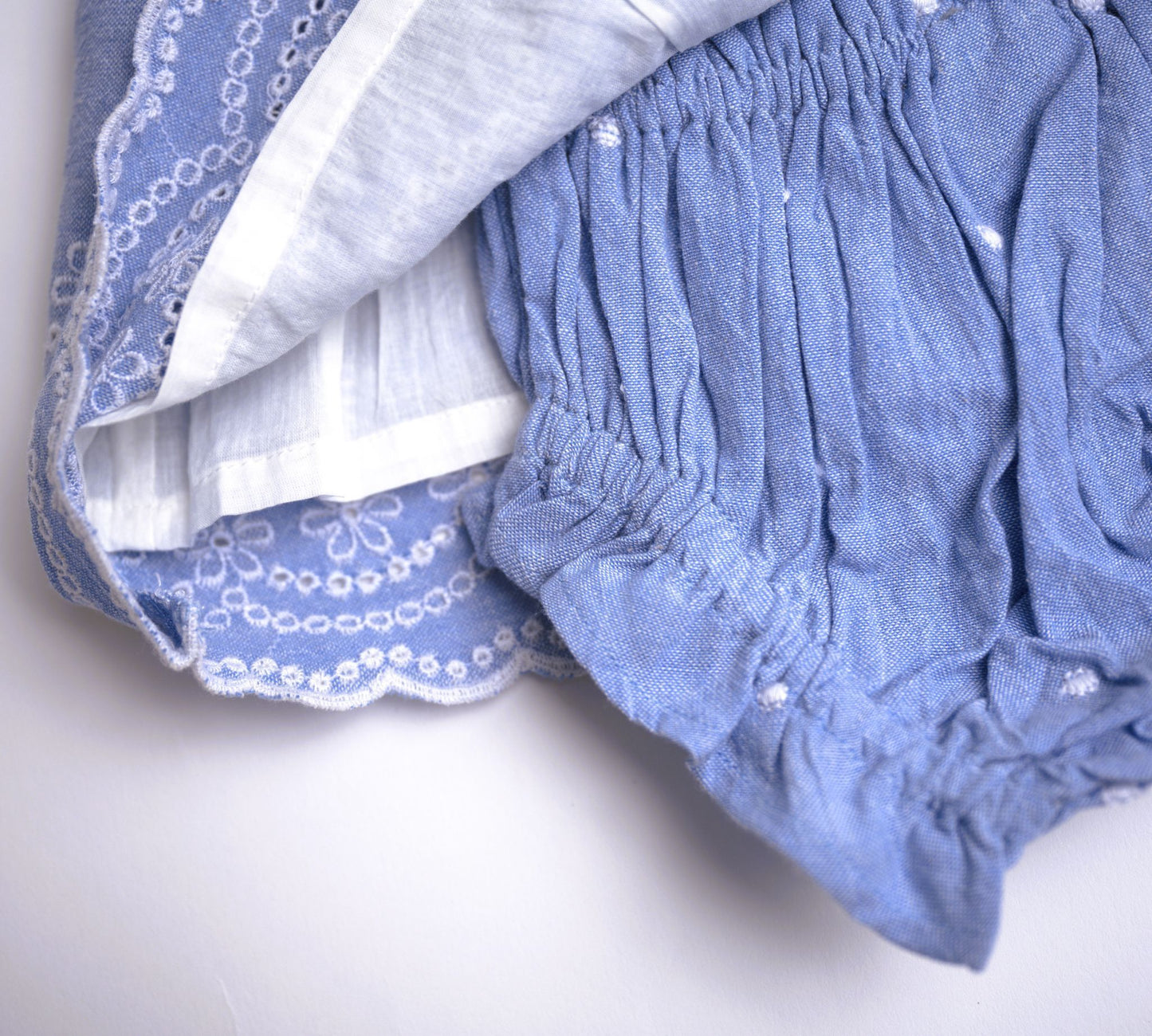 viverano organics, blue chambray lace summer cap sleeve dress with eyelet detail