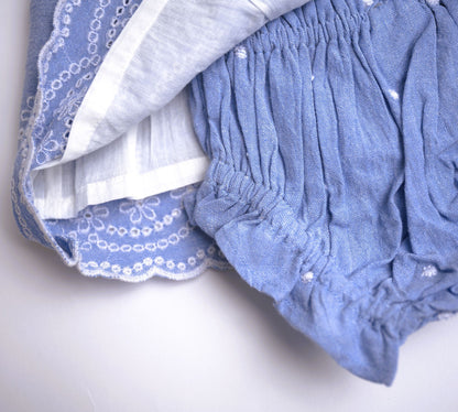 viverano organics, blue chambray lace summer cap sleeve dress with eyelet detail