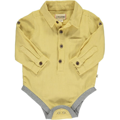 Me and Henry Jasper gold long sleeve collared onesie, yellow, long sleeve, onesie, one piece, dressy, spring, summer, fall, lightweight