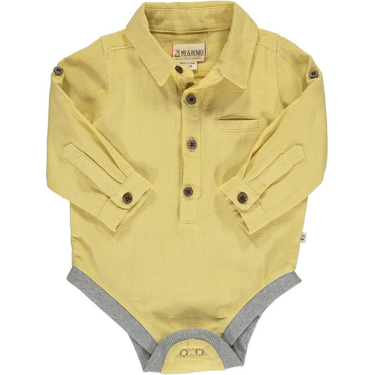 Me and Henry Jasper gold long sleeve collared onesie, yellow, long sleeve, onesie, one piece, dressy, spring, summer, fall, lightweight
