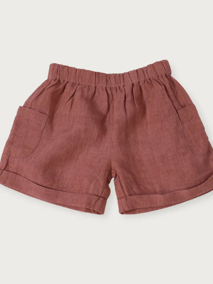 Viverano Organics Laurence Mandarin Collar Baby Shirt + Shorts 2pc Set (Linen) - Terracotta Linen