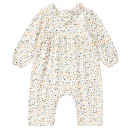 organic cotton baby girl peach floral romper lace collar long sleeve pjs