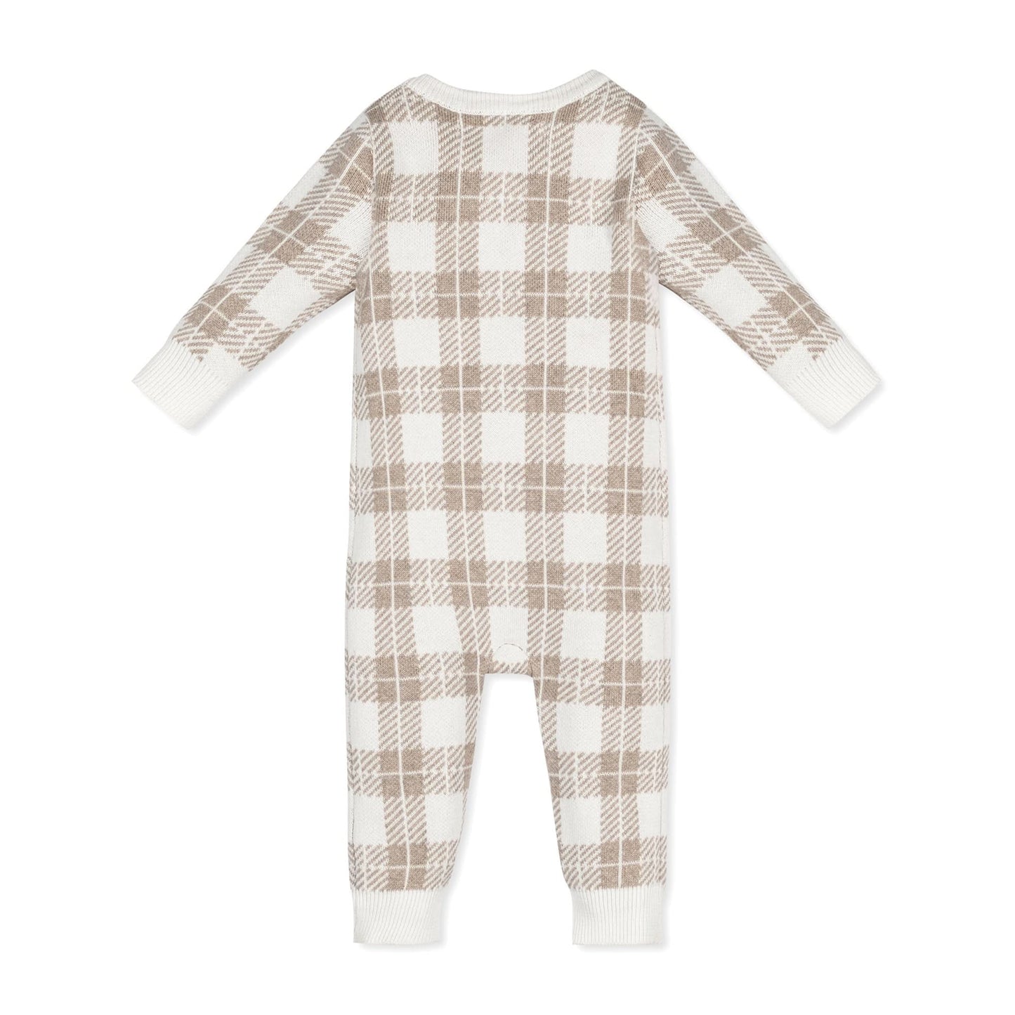 Hope and Henry Organic Intarsia Sweater Romper – Light Taupe Heather Plaid