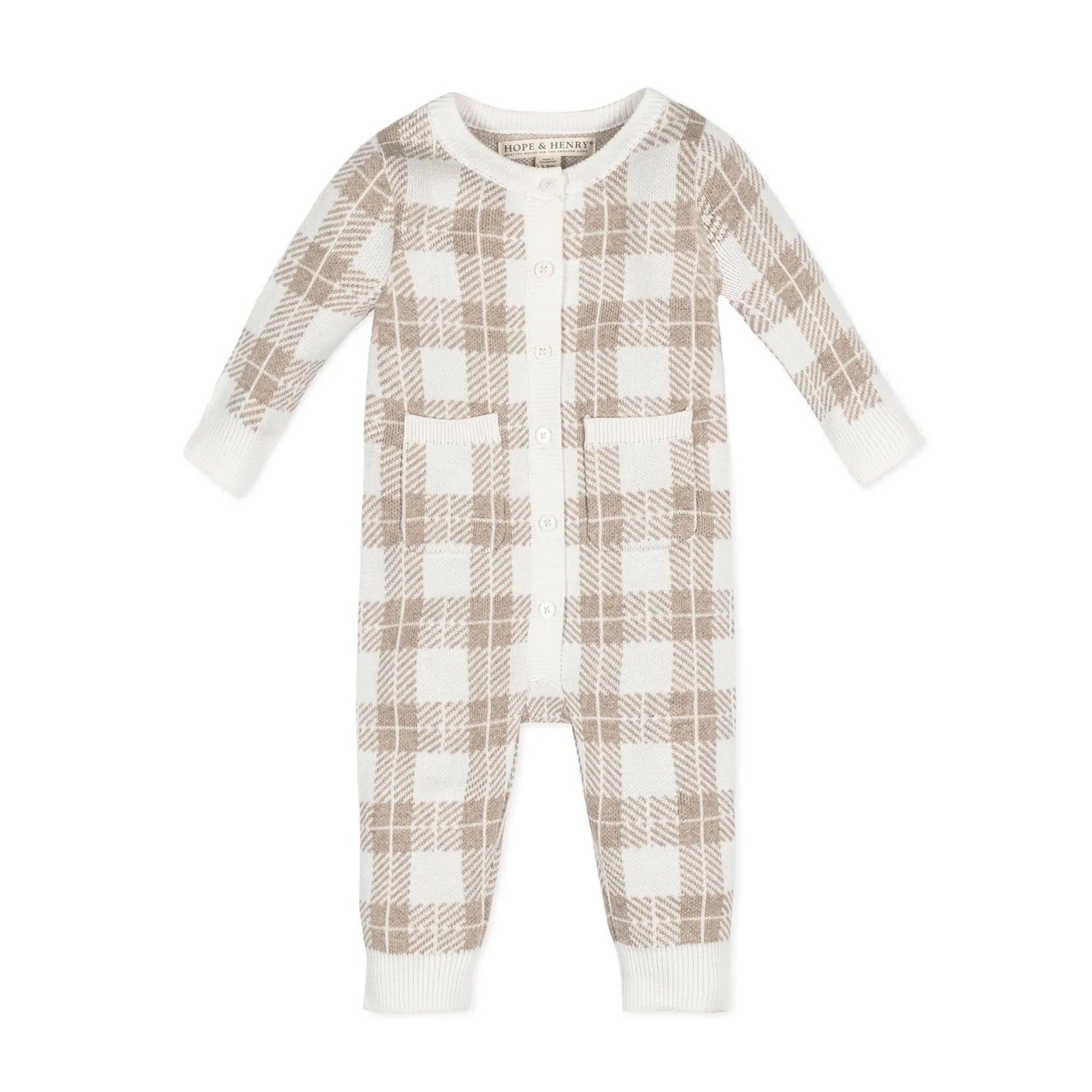 hope and henry, plaid romper, long sleeve, sweater knit, pockets, button front, baby