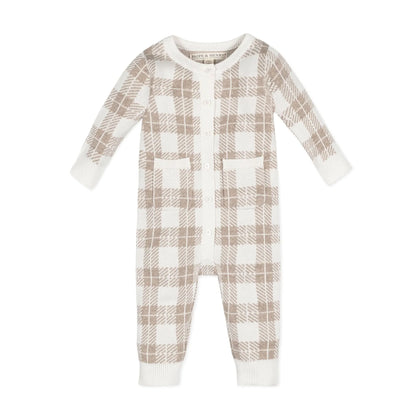 hope and henry, plaid romper, long sleeve, sweater knit, pockets, button front, baby