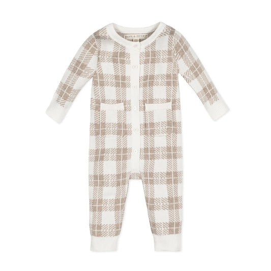 hope and henry, plaid romper, long sleeve, sweater knit, pockets, button front, baby
