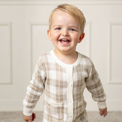 Hope and Henry Organic Intarsia Sweater Romper – Light Taupe Heather Plaid