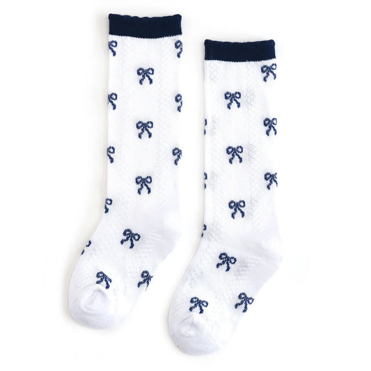 Little Stocking Co scalloped edge navy bow knee-high socks in a soft cotton blend