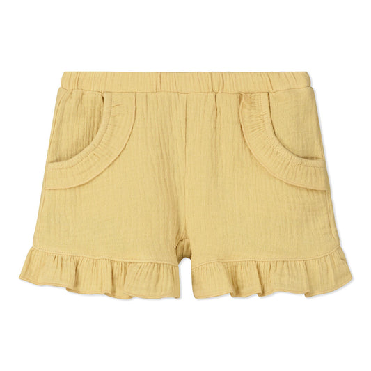 ettie and h lyra shorts gold yellow mustard, yellow, gold, little girl, baby girl, dressy, ruffles, elastic waste