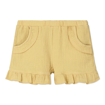 ettie and h lyra shorts gold yellow mustard, yellow, gold, little girl, baby girl, dressy, ruffles, elastic waste