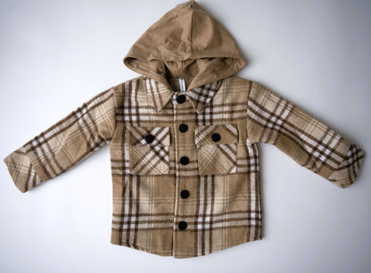 little boy, hooded, jacket, shacket, plaid, browns, coat, fall, toddler, bamboo cotton