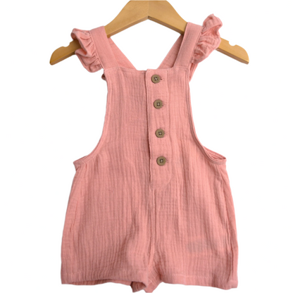 pink overalls with ruffle and button detail, shorts
