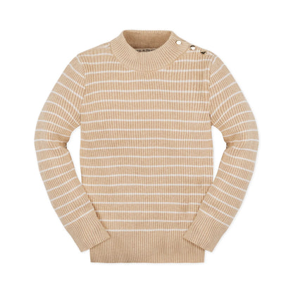 hope and henry, long sleeve, camel, tan, white, striped, sweater, girl, organic cotton, fall, winter, gold button detail