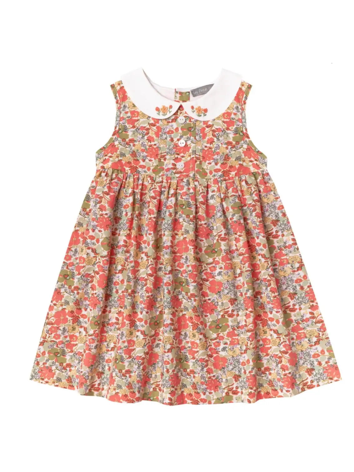 orange floral summer dress with collar.  sleeveless dress