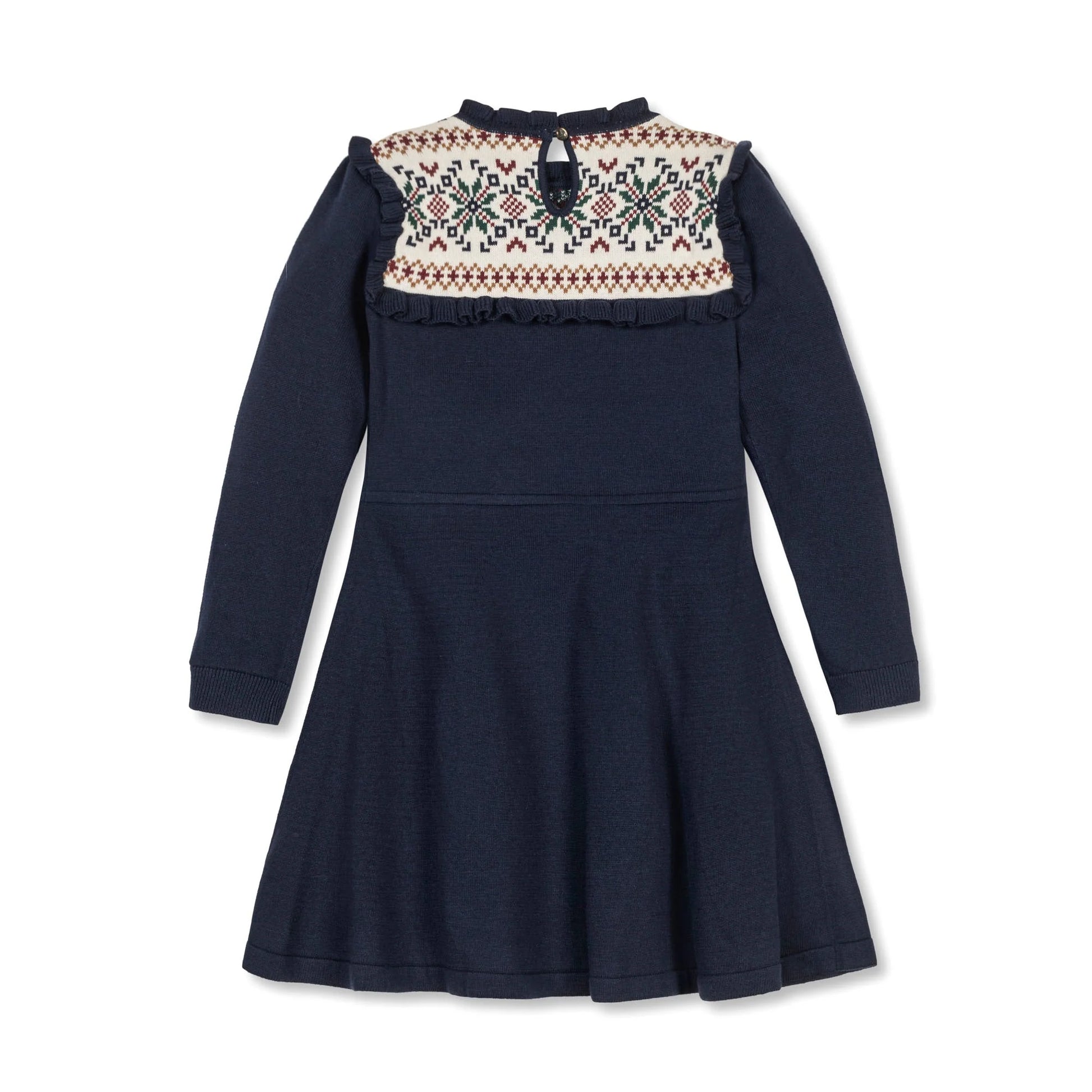 rear of Hope & Henry organic ruffle collar sweater dress in Scottish snowflake pattern