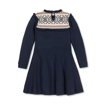 rear of Hope & Henry organic ruffle collar sweater dress in Scottish snowflake pattern