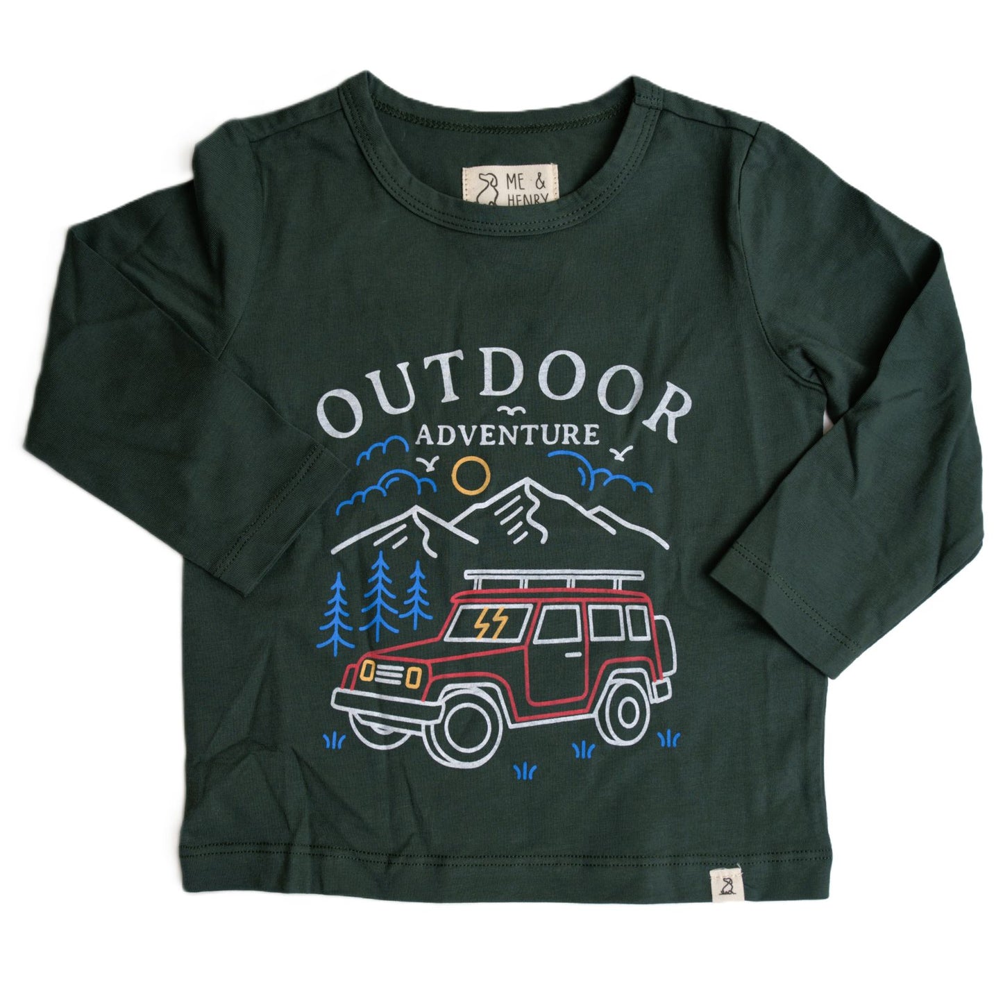me and henry long sleeve tee in forest green with a jeep and mountains outdoor scene boy 