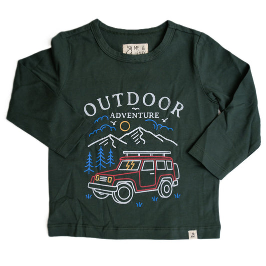 me and henry long sleeve tee in forest green with a jeep and mountains outdoor scene boy 