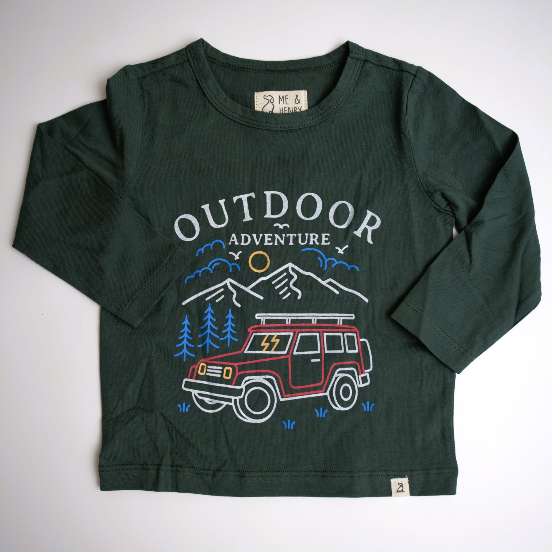 me and henry long sleeve tee in forest green with a jeep and mountains outdoor scene boy 