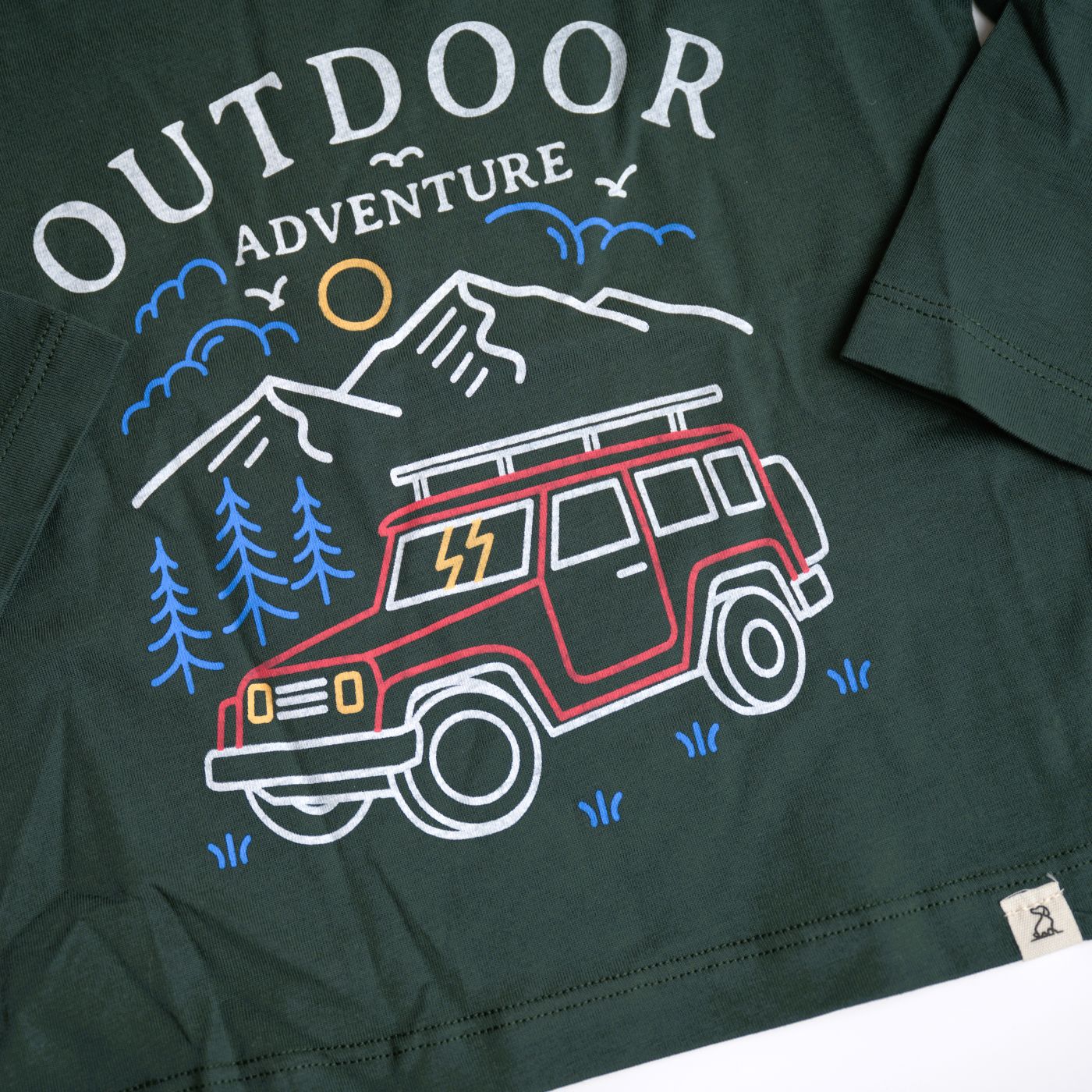 me and henry long sleeve tee in forest green with a jeep and mountains outdoor scene boy 