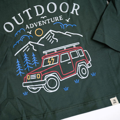 me and henry long sleeve tee in forest green with a jeep and mountains outdoor scene boy 