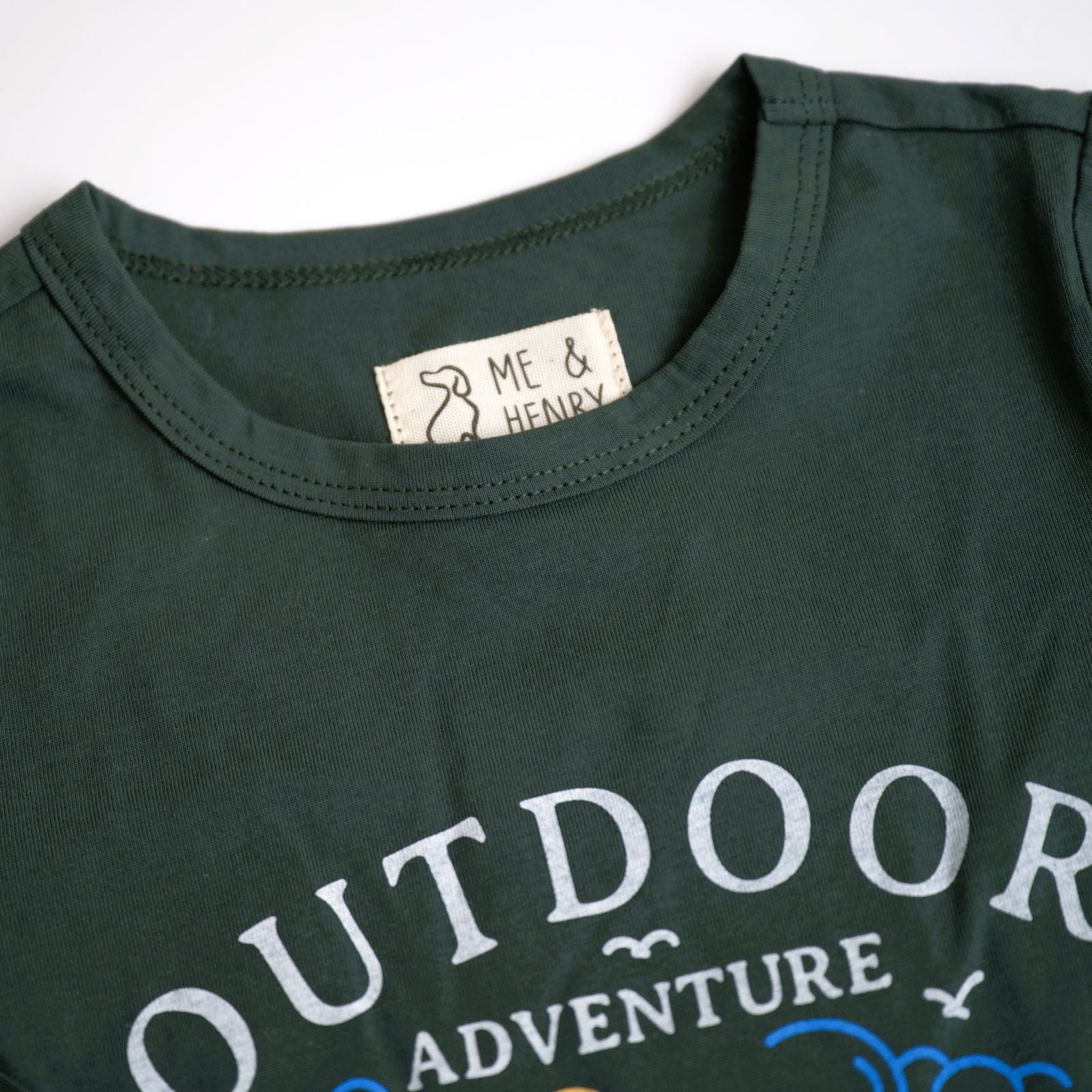 me and henry long sleeve tee in forest green with a jeep and mountains outdoor scene boy 