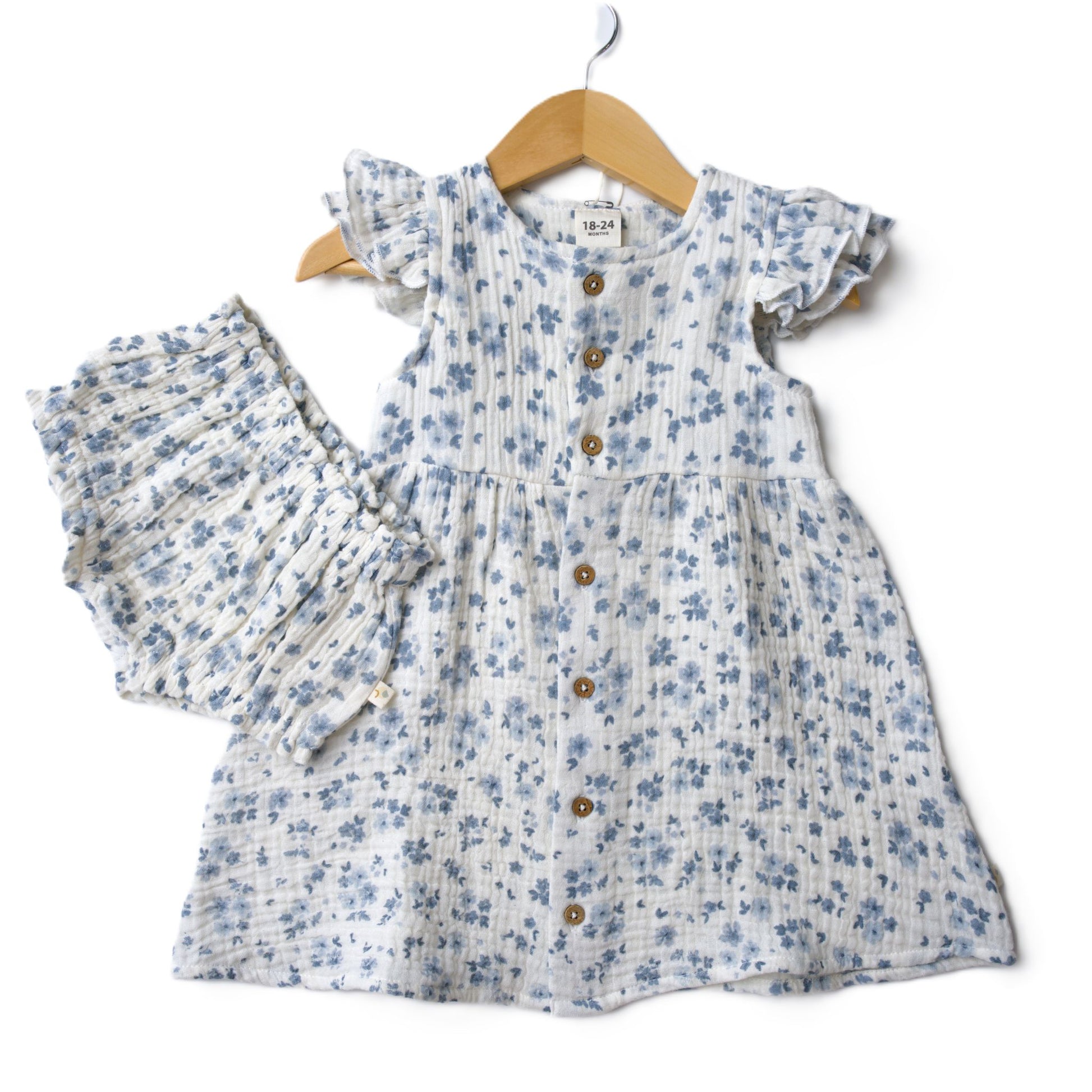 makemake organic button flutter sleeve dress in periwinkle blue floral 