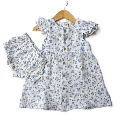 makemake organic button flutter sleeve dress in periwinkle blue floral 
