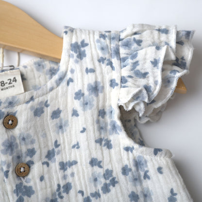makemake organic button flutter sleeve dress in periwinkle blue floral 