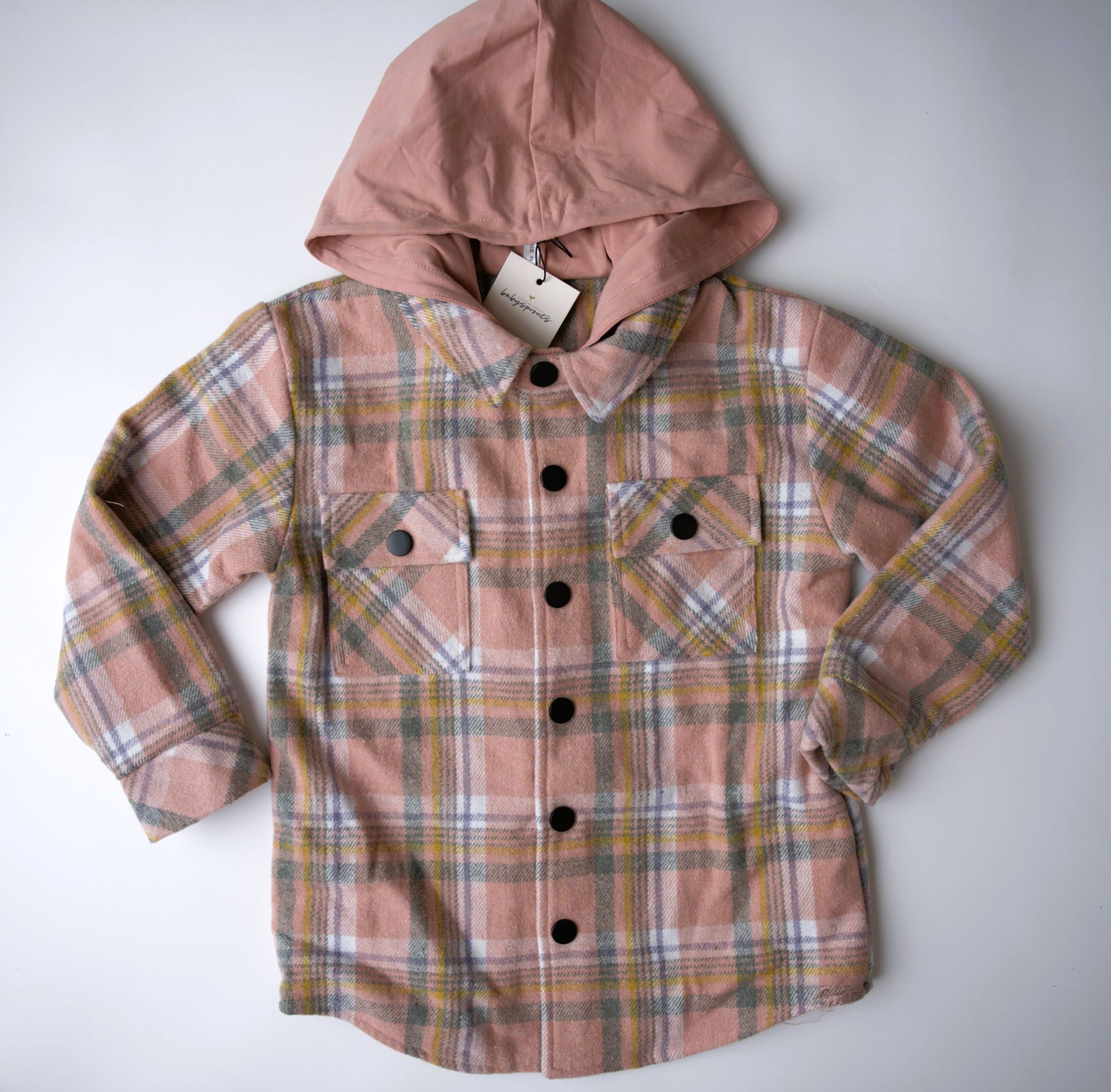 babysprouts, cottons, flannel, pink, shacket, coat, hooded, grey, girl, toddler, fall, coat