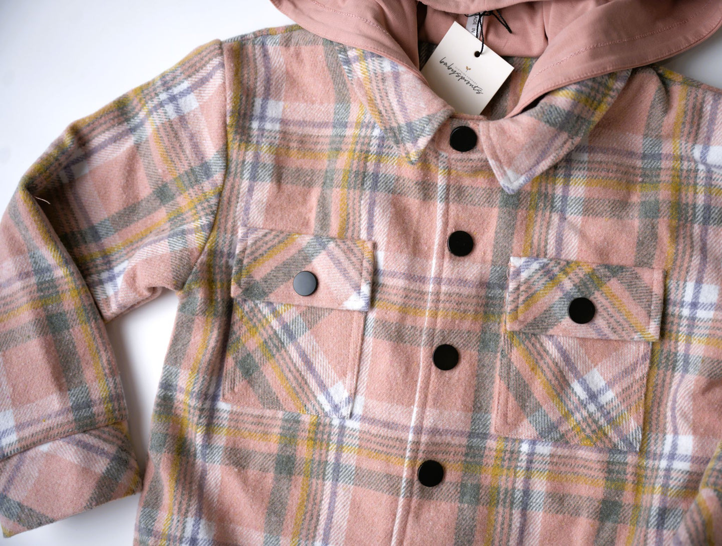 babysprouts, cottons, flannel, pink, shacket, coat, hooded, grey, girl, toddler, fall, coat