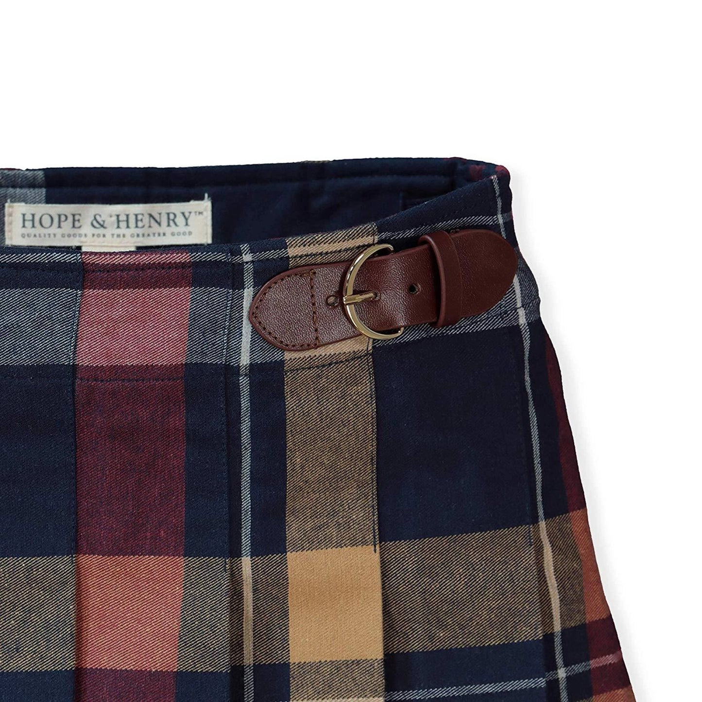 Hope and Henry Organic Pleated Skirt w/ Buckle Detail – Large Navy Plaid
